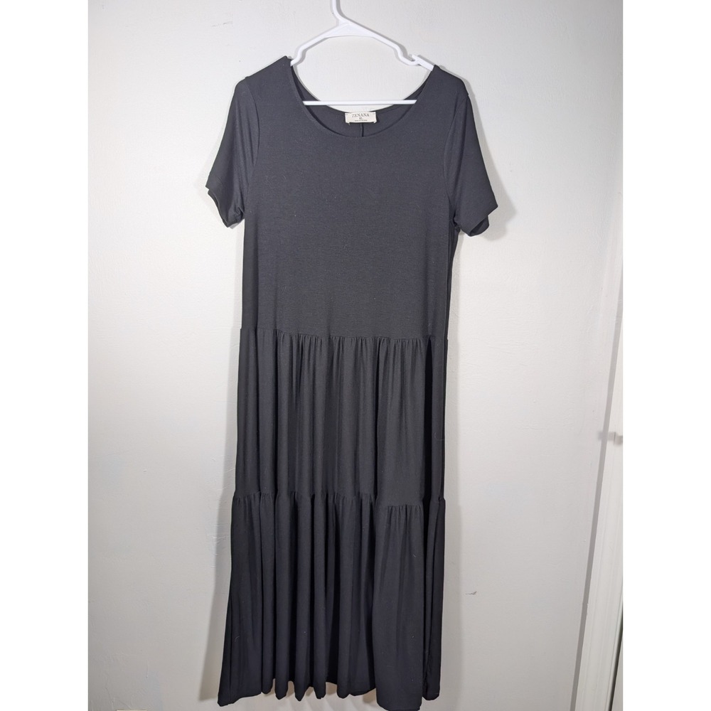 Zenana Midi Dress Womens Short Sleeve‎ Tiered Body Black Comfort Casual XL